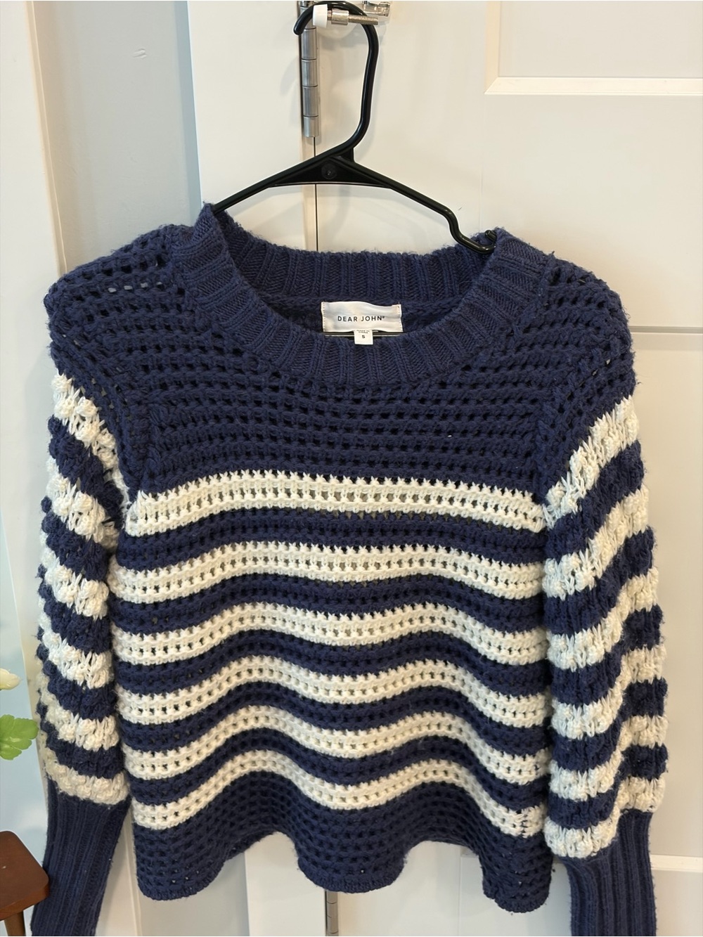 Dear John Navy & Cream Striped Crochet Crewneck Sweater